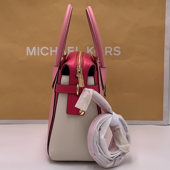 MICHAEL KORS Mercer Md Top ZipColor-Block Belted Satchel Crossbody Purse El Pink - Picture 7 of 16